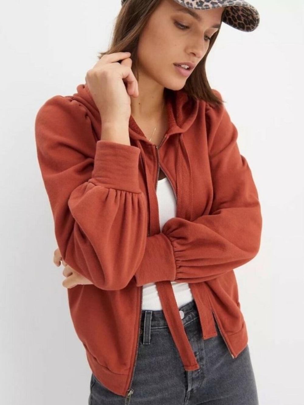 Anthropologie Brick-Red Zip Hoodie Bomber Jacket